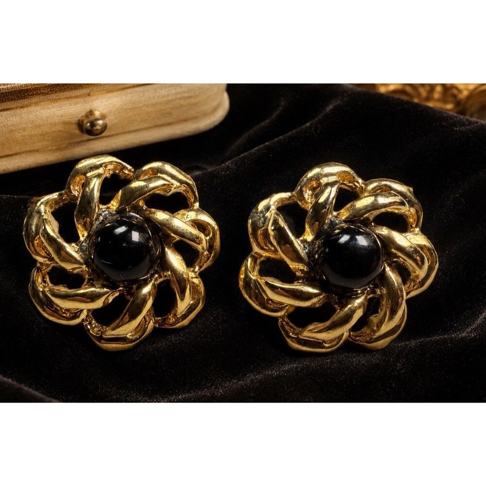Vintage 1980s Gold Tone Black Cabochon Flower Statement Pierced Earrings